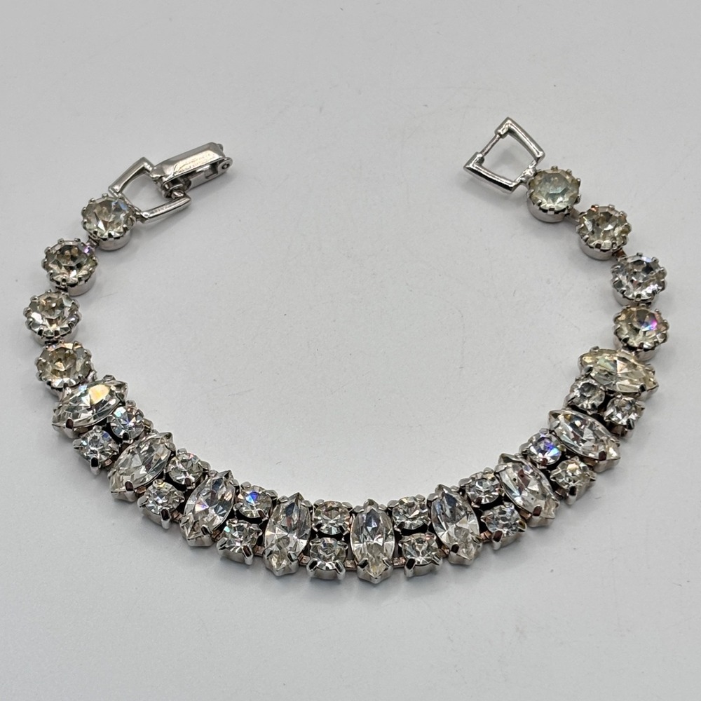 Vintage Weiss Bracelet Double Strand Clear Ice Rhinestones Silver Tone 6 3/4"